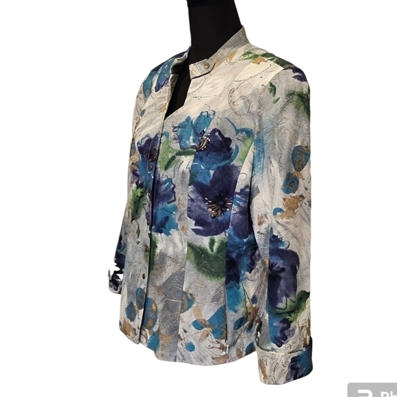 Coldwater Creek Watercolor Paint Floral Snap Up 100% Cotton Shell Jacket Size 14 - Picture 2 of 10